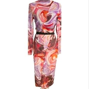 Love, Fire Lined Pencil Mesh Skirt & Mesh Top